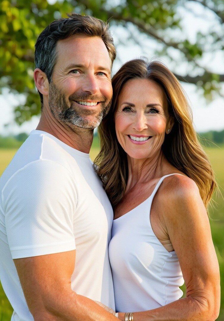 A vibrant, confident couple in their late 30s to early 50s, standing outdoors with relaxed smiles, symbolizing health, vitality, and trust in expert c-1